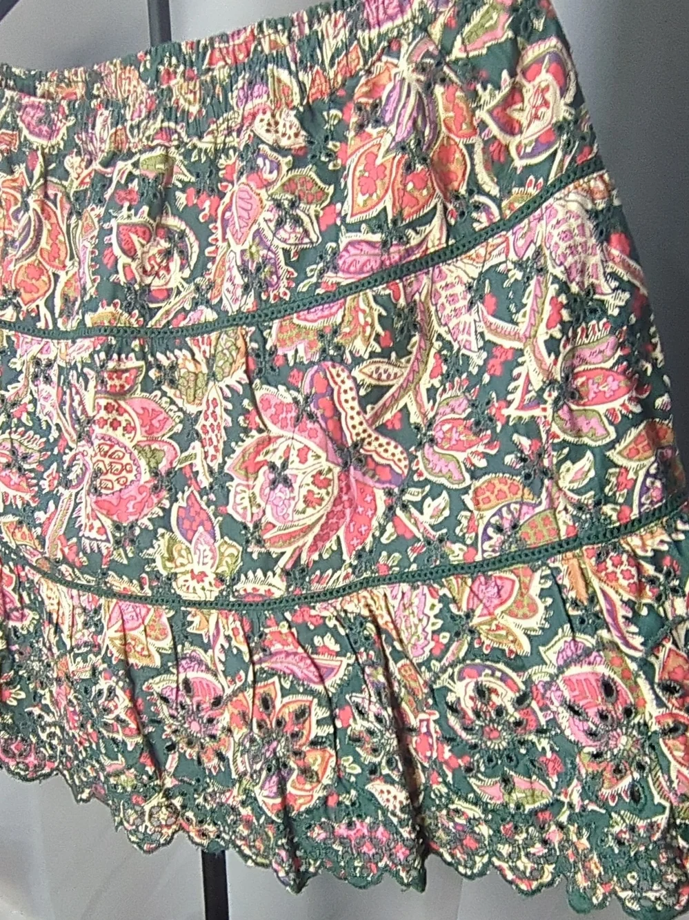 NWT Paisley Green Cotton Mini Skirt in Pink and Green